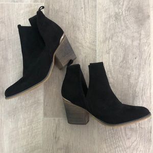 Jelly pop black suede booties with silver accent on back